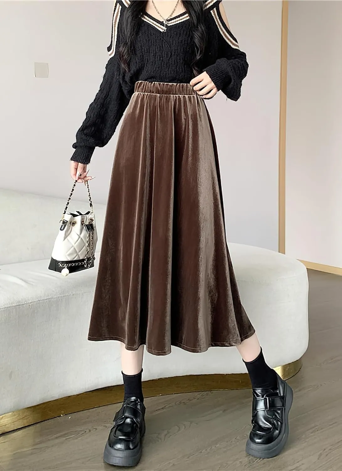 chouyatou Women's Fall Velvet Skirts High Elastic Waist Luxurious Parties Pleated A Line Swings Midi Skirt