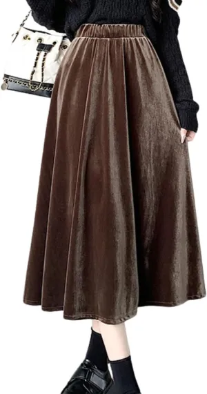 chouyatou Women's Fall Velvet Skirts High Elastic Waist Luxurious Parties Pleated A Line Swings Midi Skirt