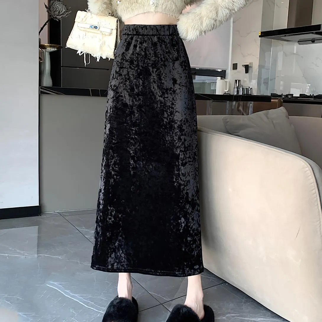 chouyatou Womens High Elastic Waist Skirt Luxurious Parties Pleated A Line Swings Midi Velvet Skirts