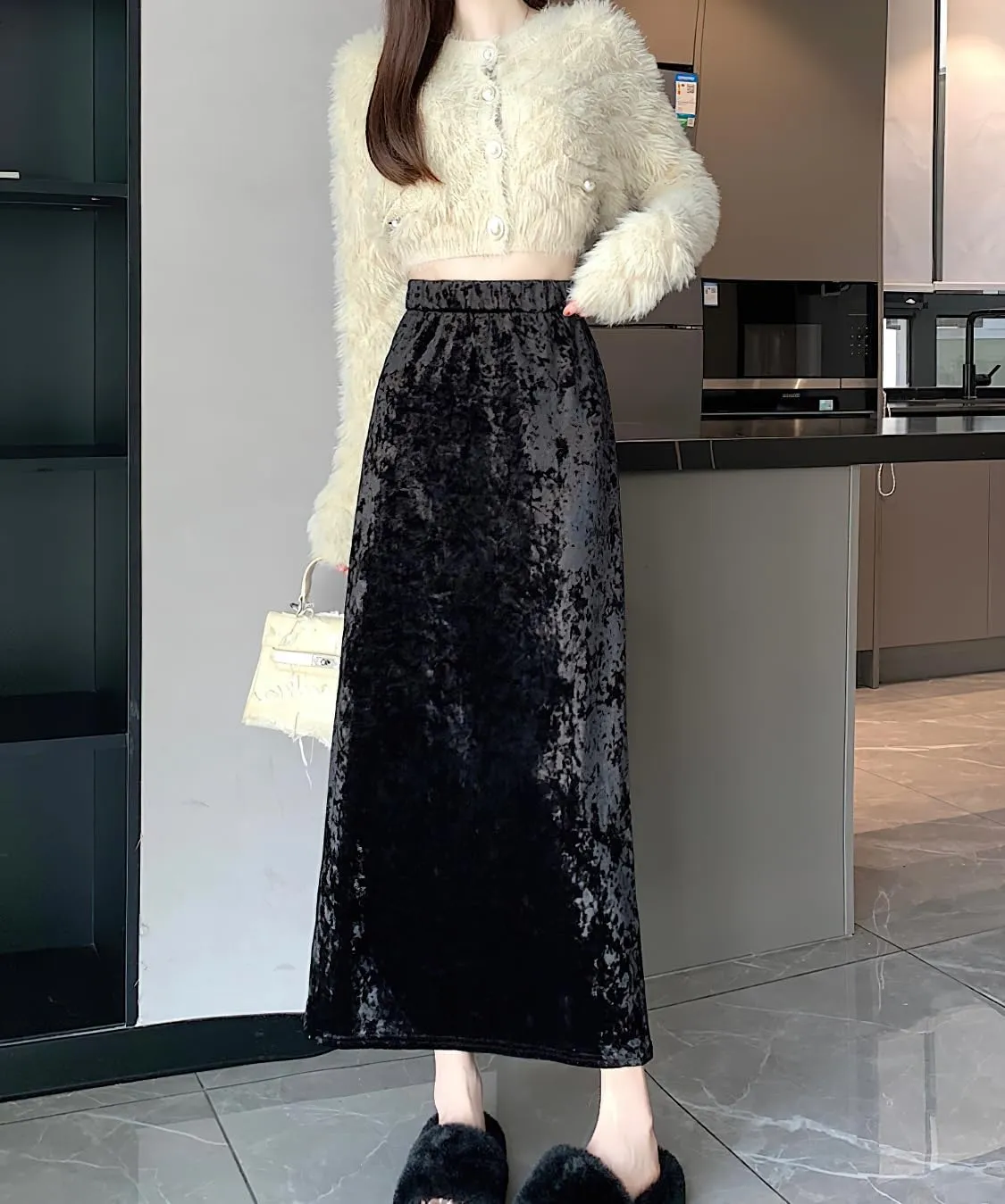 chouyatou Womens High Elastic Waist Skirt Luxurious Parties Pleated A Line Swings Midi Velvet Skirts