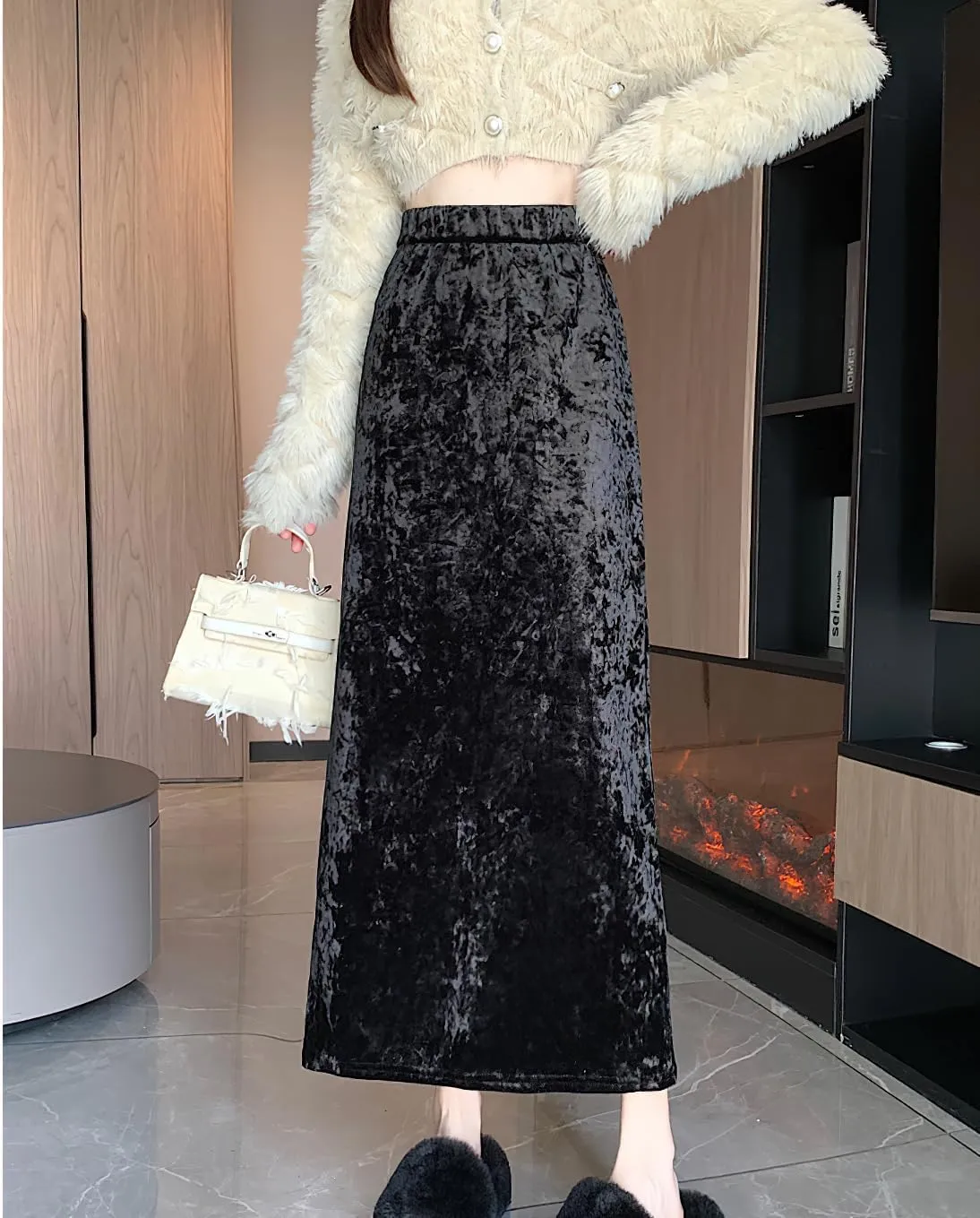 chouyatou Womens High Elastic Waist Skirt Luxurious Parties Pleated A Line Swings Midi Velvet Skirts