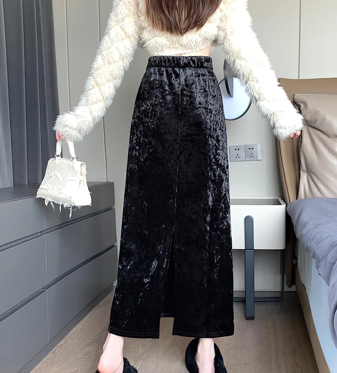 chouyatou Womens High Elastic Waist Skirt Luxurious Parties Pleated A Line Swings Midi Velvet Skirts