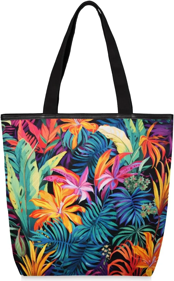 Clour Poppy Leaf Canvas Tote Bag for Women Large Tote Bag with Zipper & Pockets Canvas Beach Bag Shoulder Bag Reusable Shopping Bags Cute Tote Bags for Work Travel