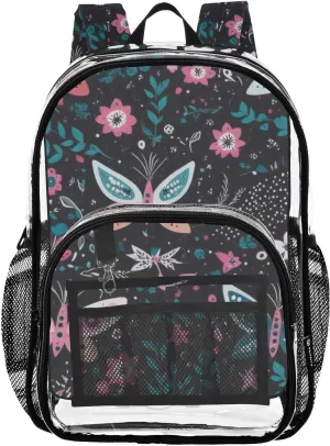 Colorful Butterfly Flower Art Clear Backpack with Back Print, Heavy Duty See Through Backpacks PVC Transparent Daypack for Travel Security
