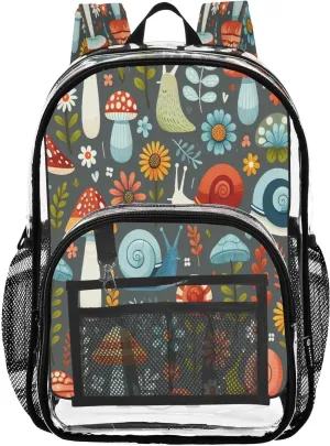 Colorful Flowers Mushrooms Clear Backpack with Back Print, Heavy Duty See Through Backpacks PVC Transparent Daypack for Travel Security