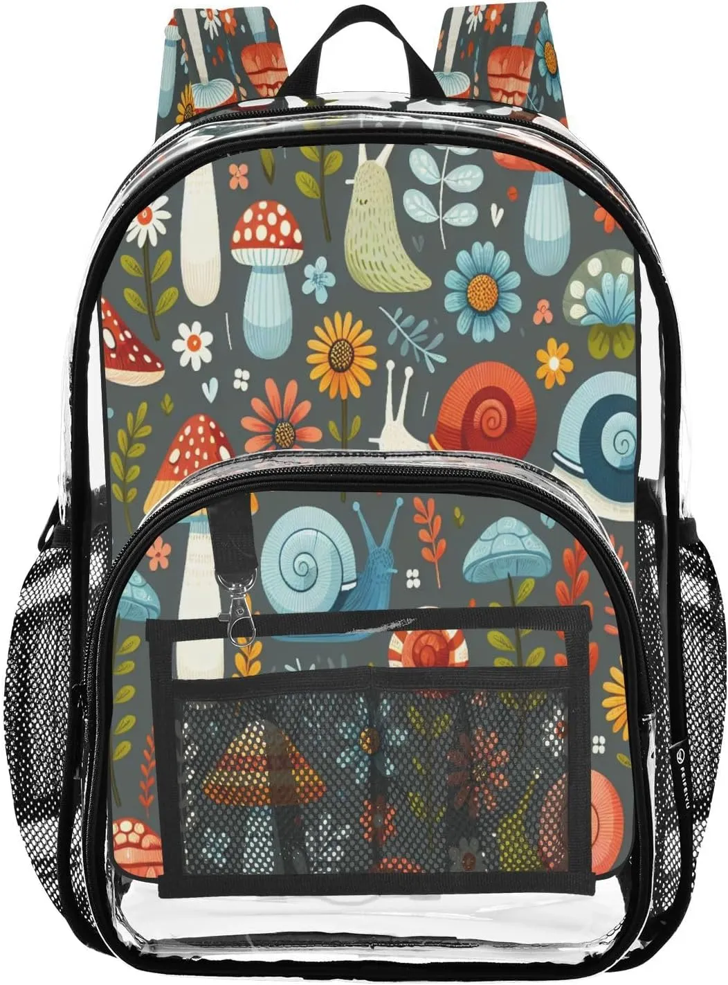 Colorful Flowers Mushrooms Clear Backpack with Back Print, Heavy Duty See Through Backpacks PVC Transparent Daypack for Travel Security