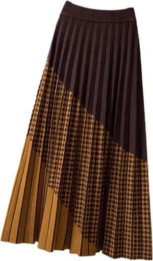 Contrast Plaid Knitted Midi Long Skirt for Women Fall Winter Vintage Soft Warm High Waist Pleated Skirt