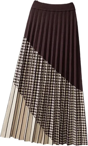Contrast Plaid Knitted Midi Long Skirt for Women Fall Winter Vintage Soft Warm High Waist Pleated Skirt