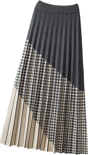 Contrast Plaid Knitted Midi Long Skirt for Women Fall Winter Vintage Soft Warm High Waist Pleated Skirt