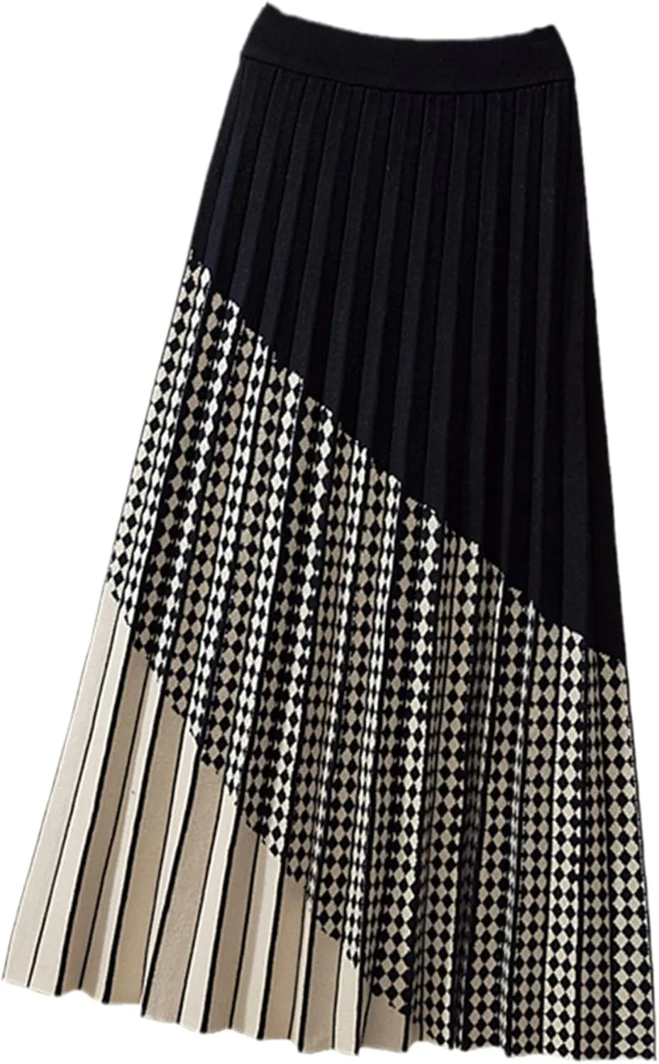 Contrast Plaid Knitted Midi Long Skirt for Women Fall Winter Vintage Soft Warm High Waist Pleated Skirt