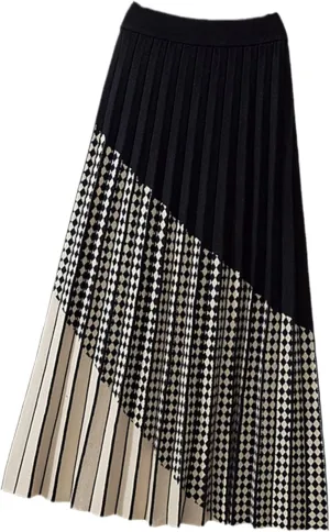 Contrast Plaid Knitted Midi Long Skirt for Women Fall Winter Vintage Soft Warm High Waist Pleated Skirt