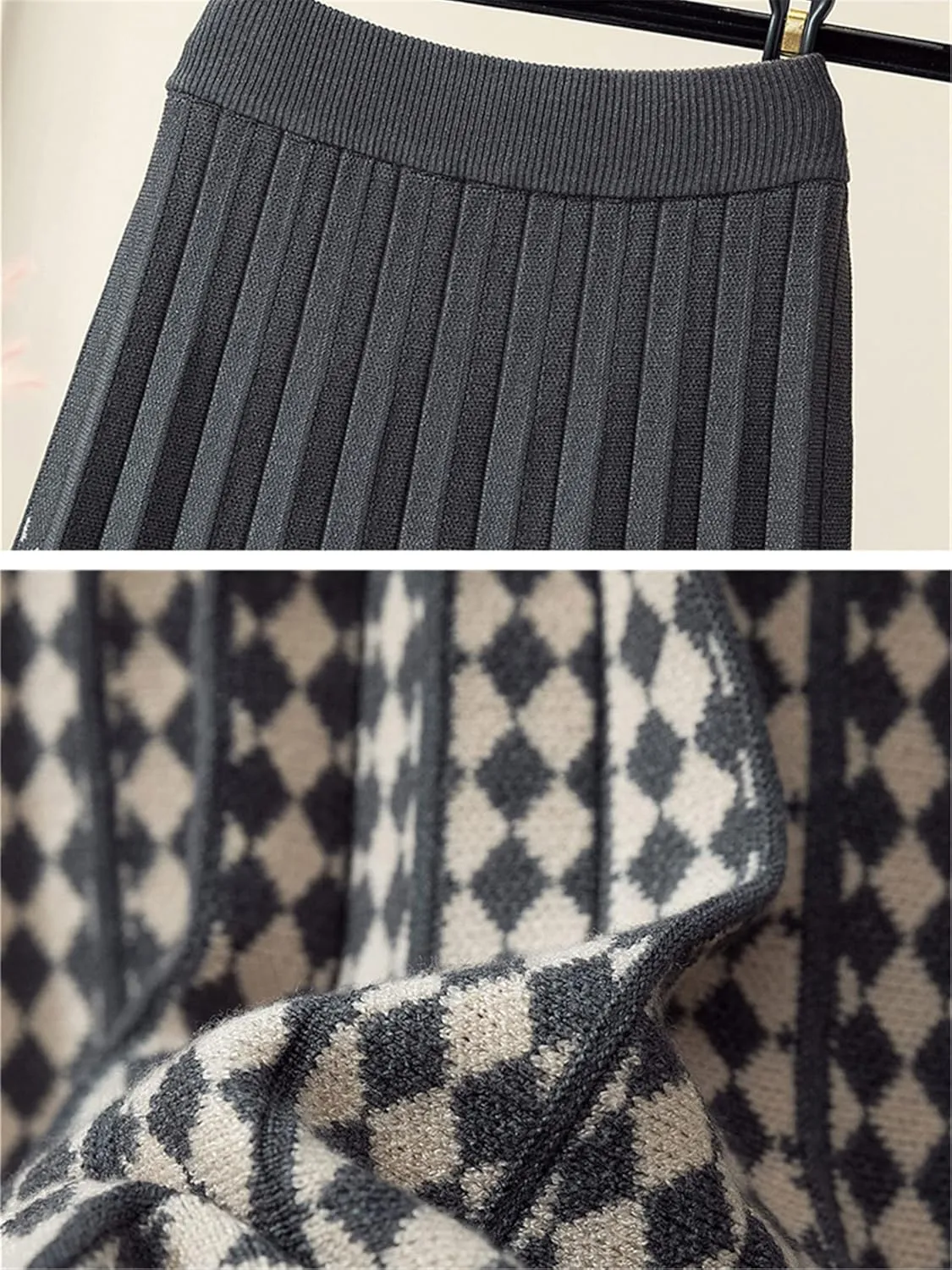 Contrast Plaid Knitted Midi Long Skirt for Women Fall Winter Vintage Soft Warm High Waist Pleated Skirt