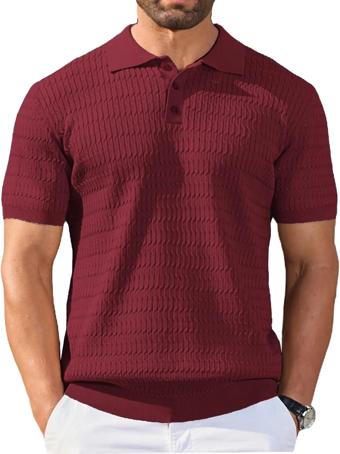 COOFANDY Mens Knit Polo Shirt Short Sleeve Vintage Textured Casual Golf Shirts Summer Beach Top