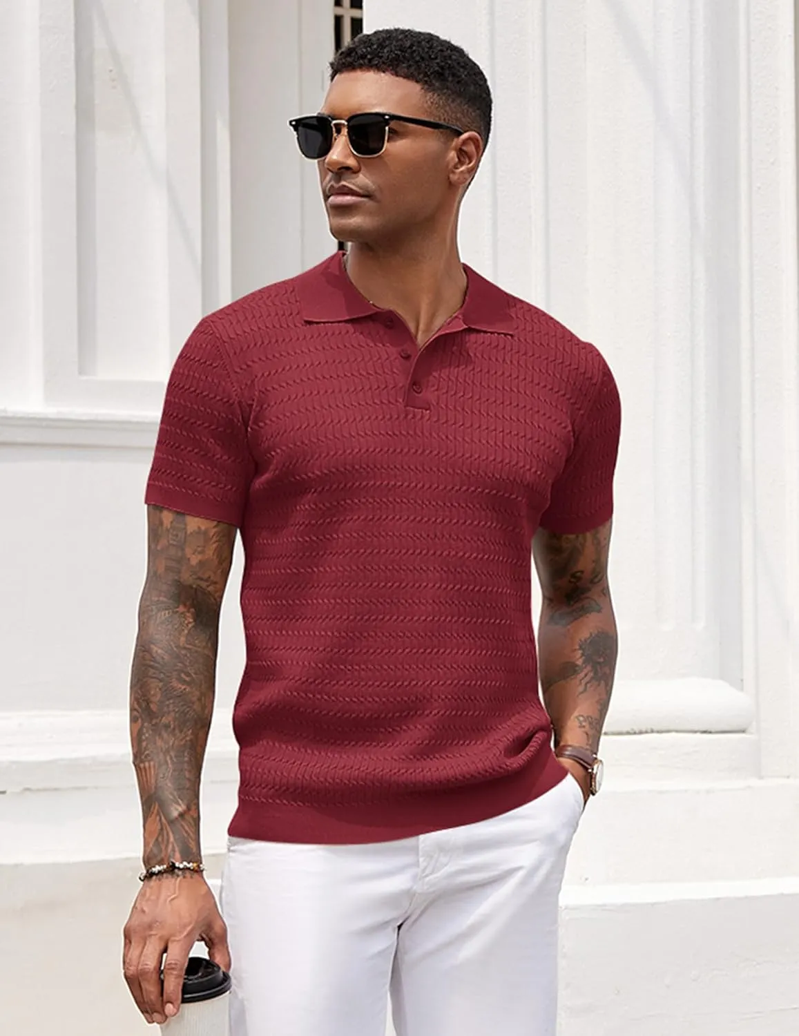 COOFANDY Mens Knit Polo Shirt Short Sleeve Vintage Textured Casual Golf Shirts Summer Beach Top