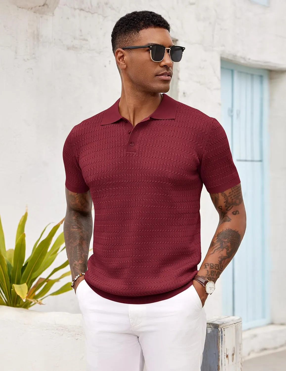 COOFANDY Mens Knit Polo Shirt Short Sleeve Vintage Textured Casual Golf Shirts Summer Beach Top