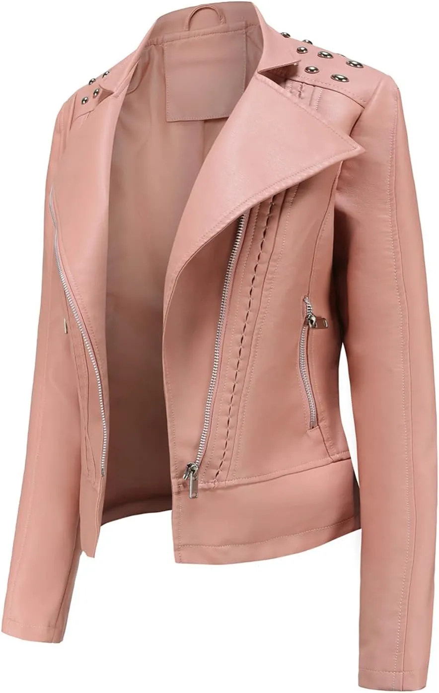 cooki Women's Fashion Slim Fit Zip up Faux Leather Biker Jacket Faux Leather Moto Jacket Casual Short PU Biker Coats