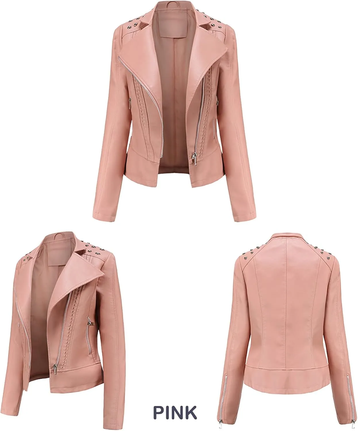 cooki Women's Fashion Slim Fit Zip up Faux Leather Biker Jacket Faux Leather Moto Jacket Casual Short PU Biker Coats