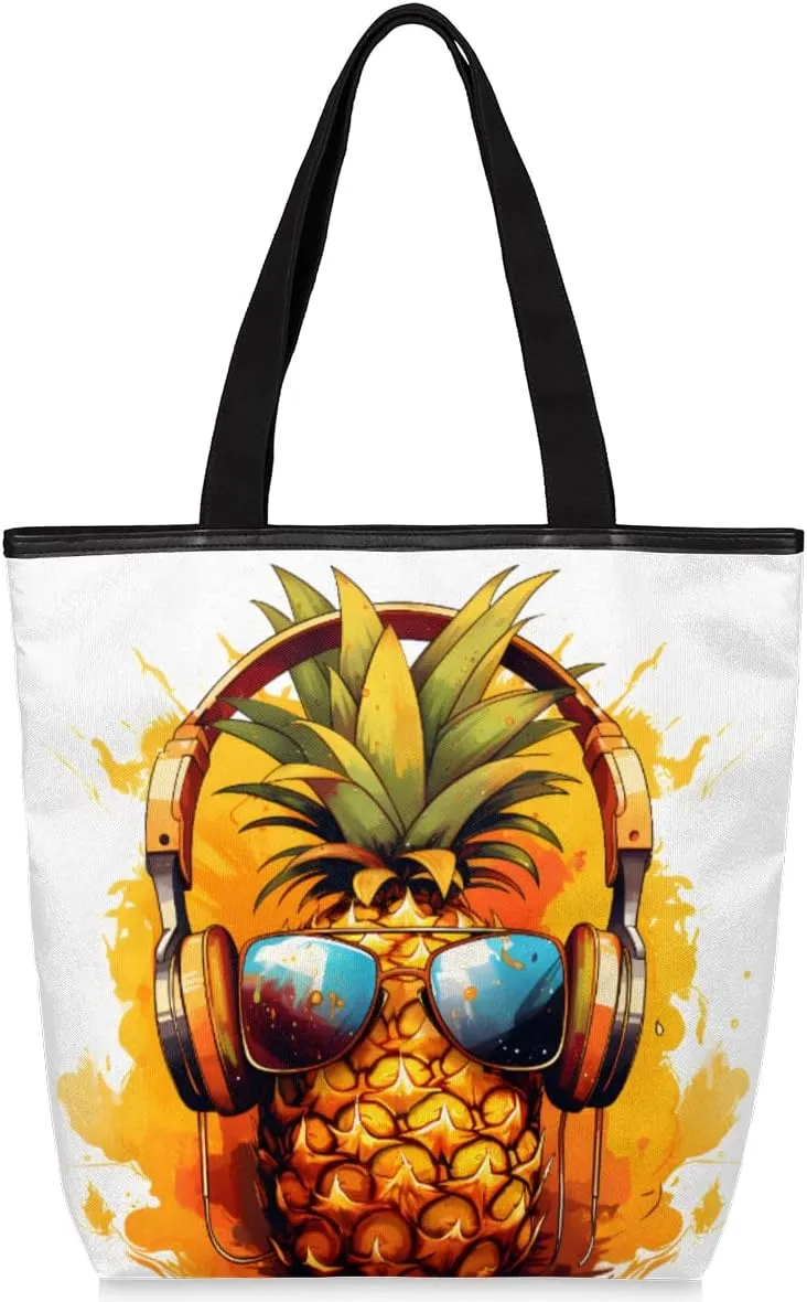 Cool Pineapple Canvas Tote Bag for Women Large Tote Bag with Zipper & Pockets Canvas Beach Bag Shoulder Bag Reusable Shopping Bags Cute Tote Bags for Work Travel