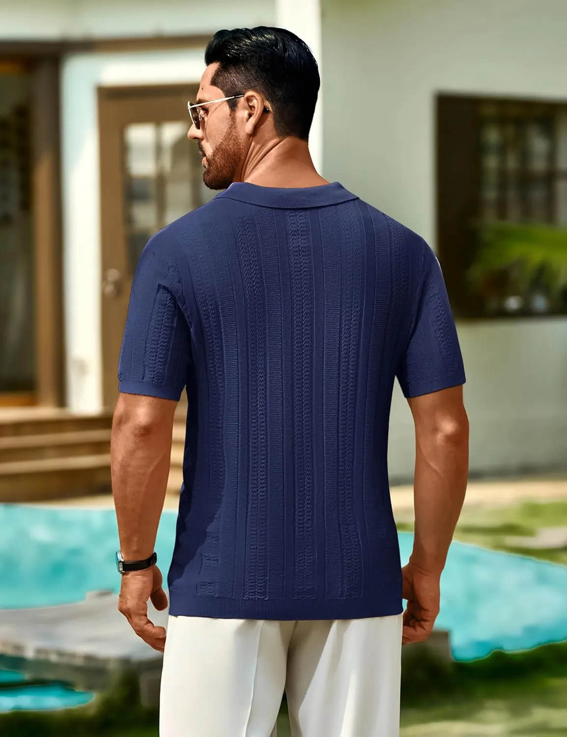 Cotrasen Men's Knit Polo Shirts Short Sleeve Ribbed Textured Polo Lightweight Stretch Slim Fit Golf T Shirt