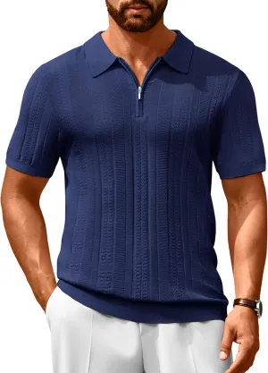 Cotrasen Men's Knit Polo Shirts Short Sleeve Ribbed Textured Polo Lightweight Stretch Slim Fit Golf T Shirt