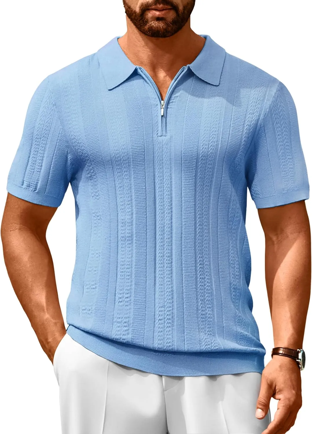 Cotrasen Men's Knit Polo Shirts Short Sleeve Ribbed Textured Polo Lightweight Stretch Slim Fit Golf T Shirt