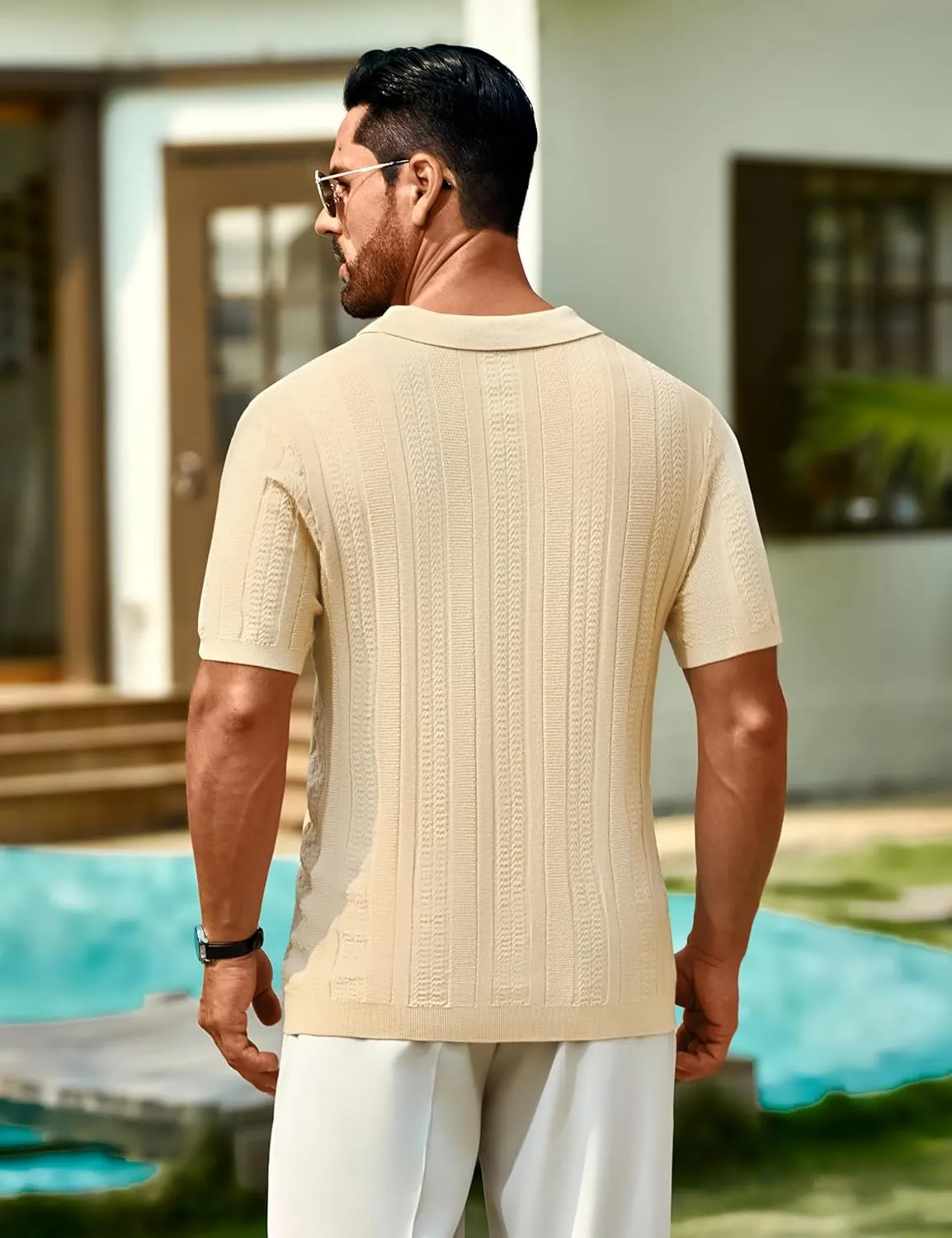Cotrasen Men's Knit Polo Shirts Short Sleeve Ribbed Textured Polo Lightweight Stretch Slim Fit Golf T Shirt