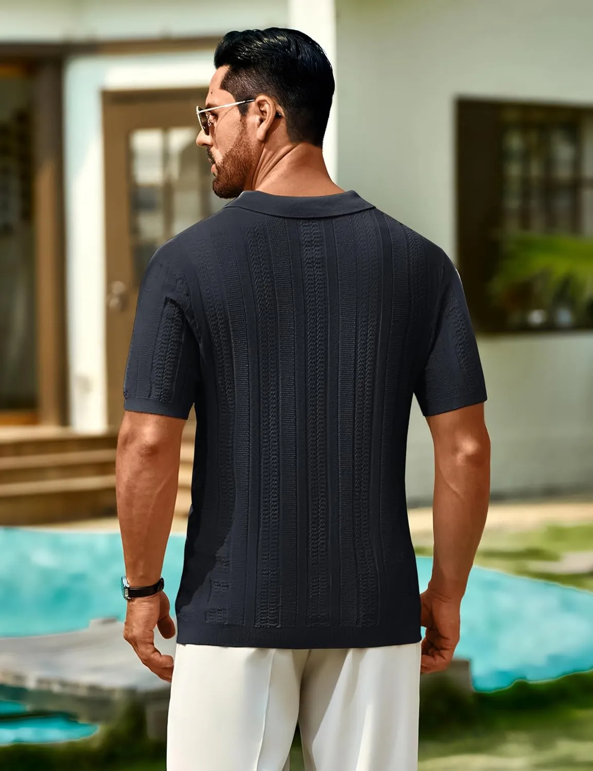 Cotrasen Men's Knit Polo Shirts Short Sleeve Ribbed Textured Polo Lightweight Stretch Slim Fit Golf T Shirt