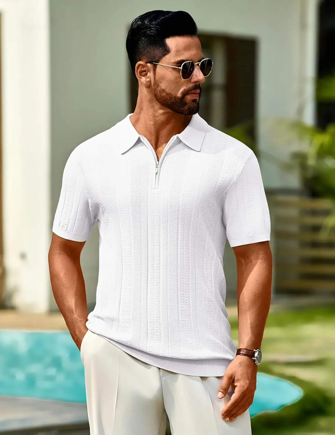 Cotrasen Men's Knit Polo Shirts Short Sleeve Ribbed Textured Polo Lightweight Stretch Slim Fit Golf T Shirt