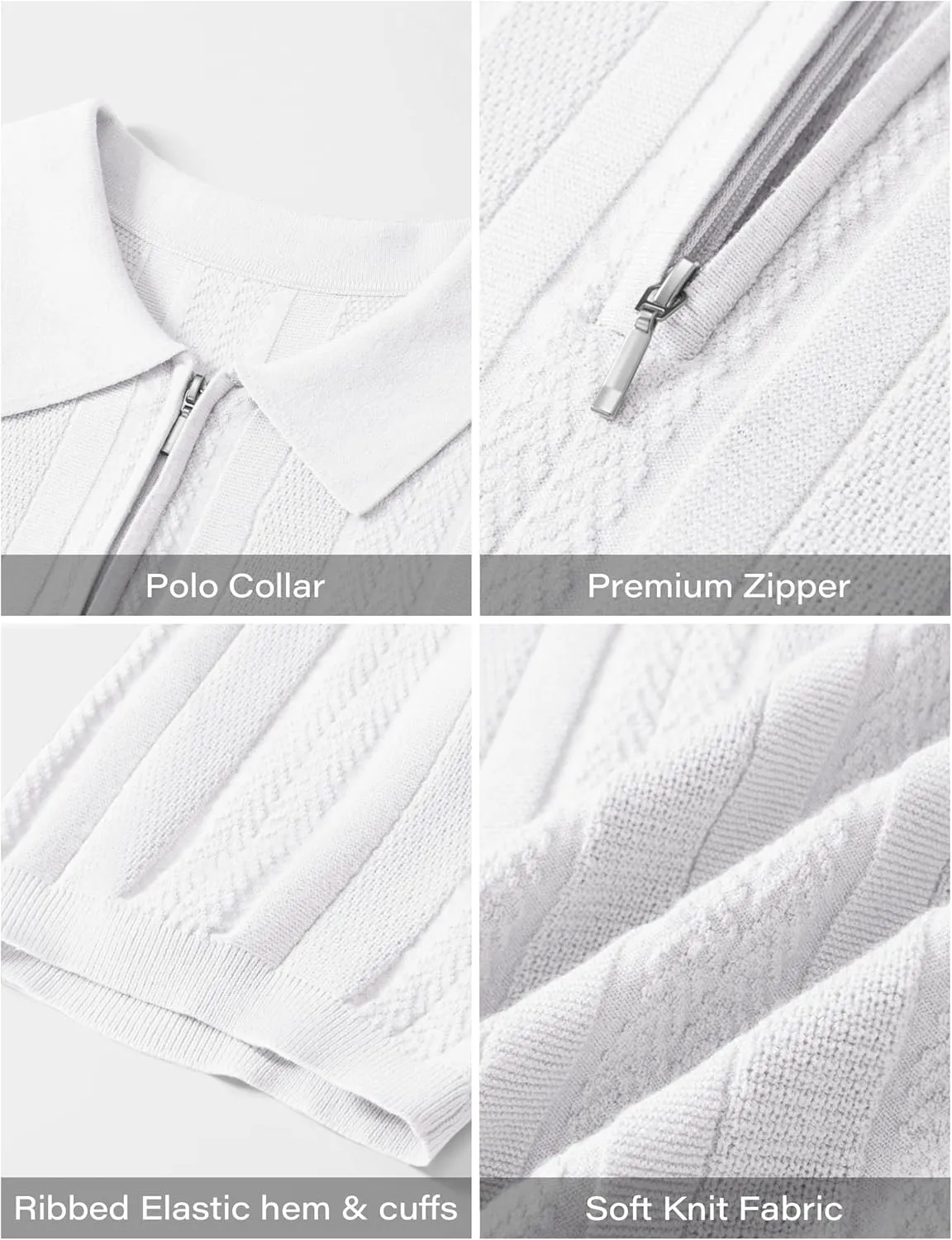 Cotrasen Men's Knit Polo Shirts Short Sleeve Ribbed Textured Polo Lightweight Stretch Slim Fit Golf T Shirt