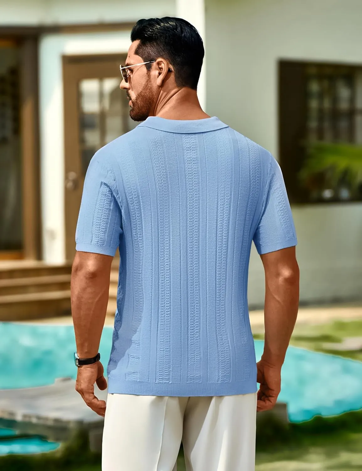 Cotrasen Men's Knit Polo Shirts Short Sleeve Ribbed Textured Polo Lightweight Stretch Slim Fit Golf T Shirt