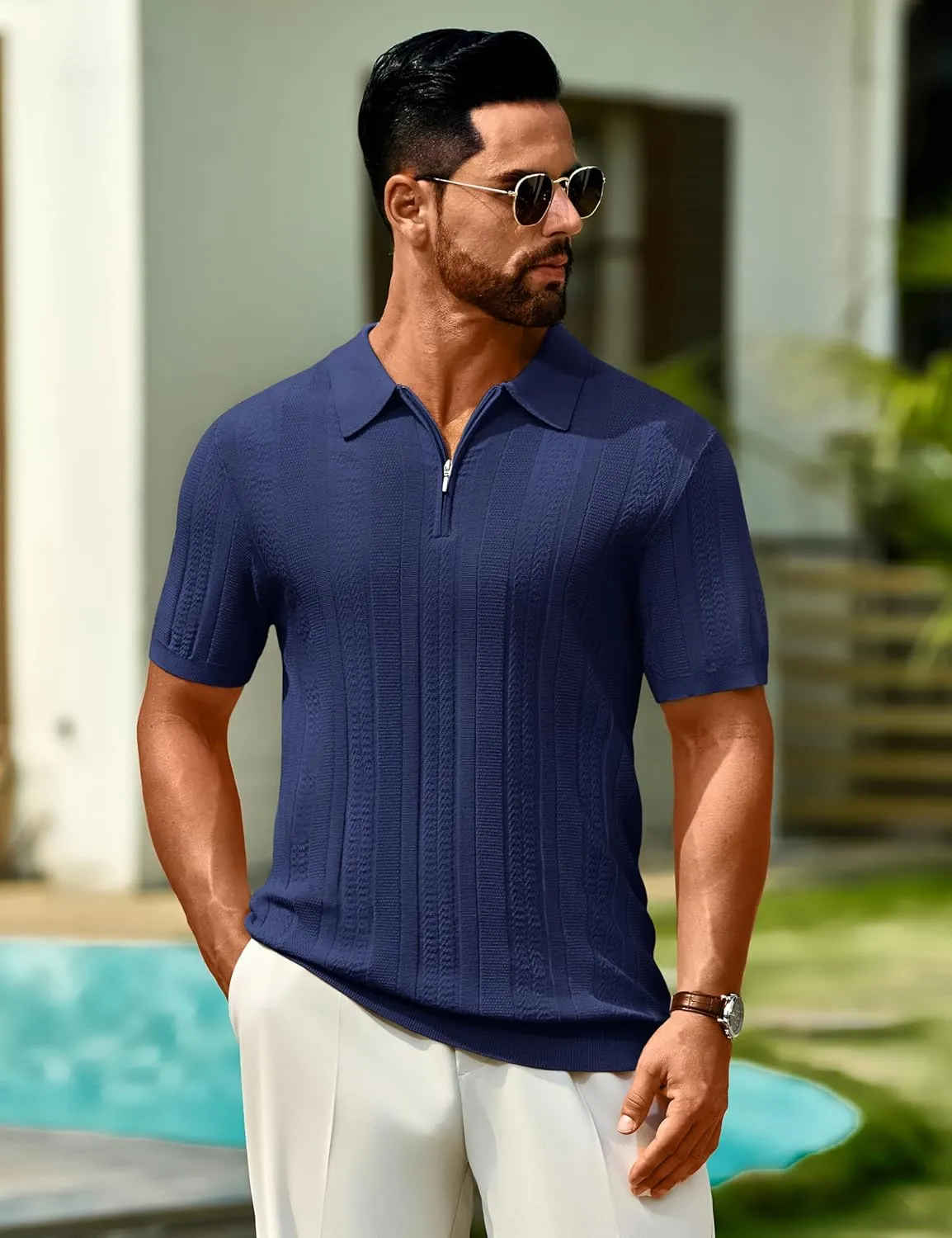 Cotrasen Men's Knit Polo Shirts Short Sleeve Ribbed Textured Polo Lightweight Stretch Slim Fit Golf T Shirt