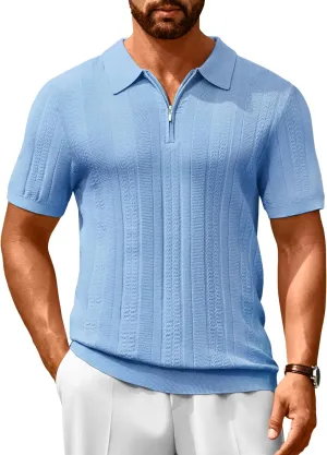 Cotrasen Men's Knit Polo Shirts Short Sleeve Ribbed Textured Polo Lightweight Stretch Slim Fit Golf T Shirt