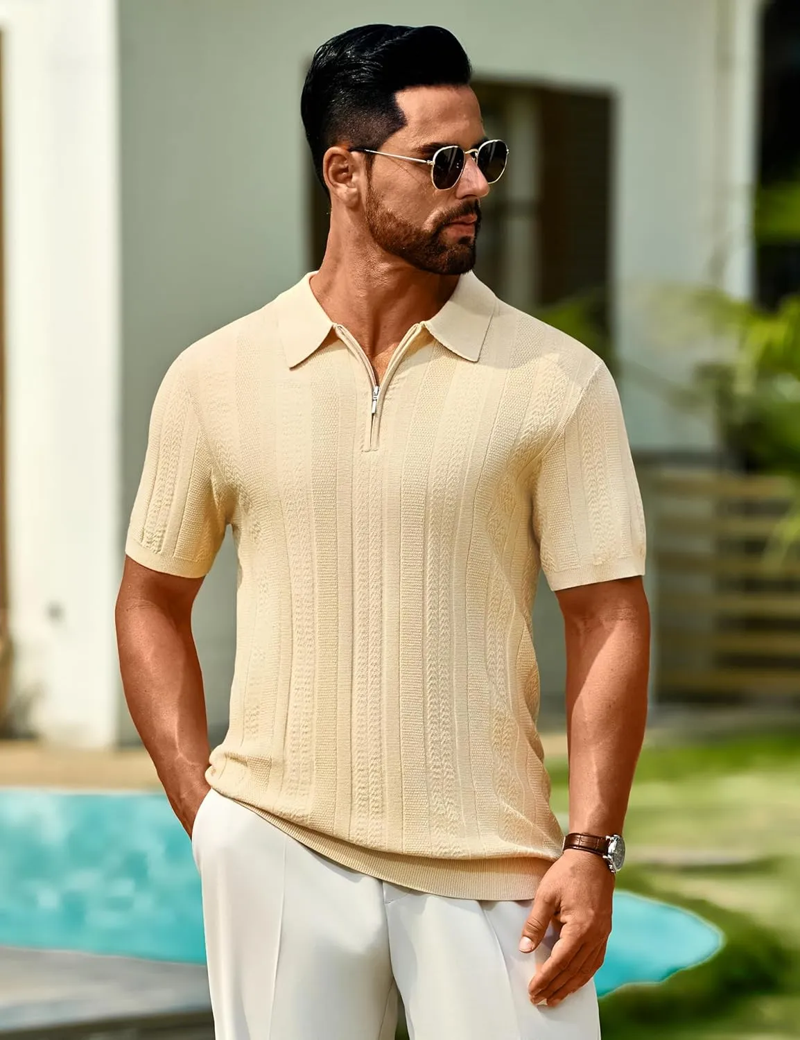 Cotrasen Men's Knit Polo Shirts Short Sleeve Ribbed Textured Polo Lightweight Stretch Slim Fit Golf T Shirt