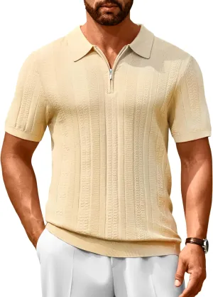 Cotrasen Men's Knit Polo Shirts Short Sleeve Ribbed Textured Polo Lightweight Stretch Slim Fit Golf T Shirt