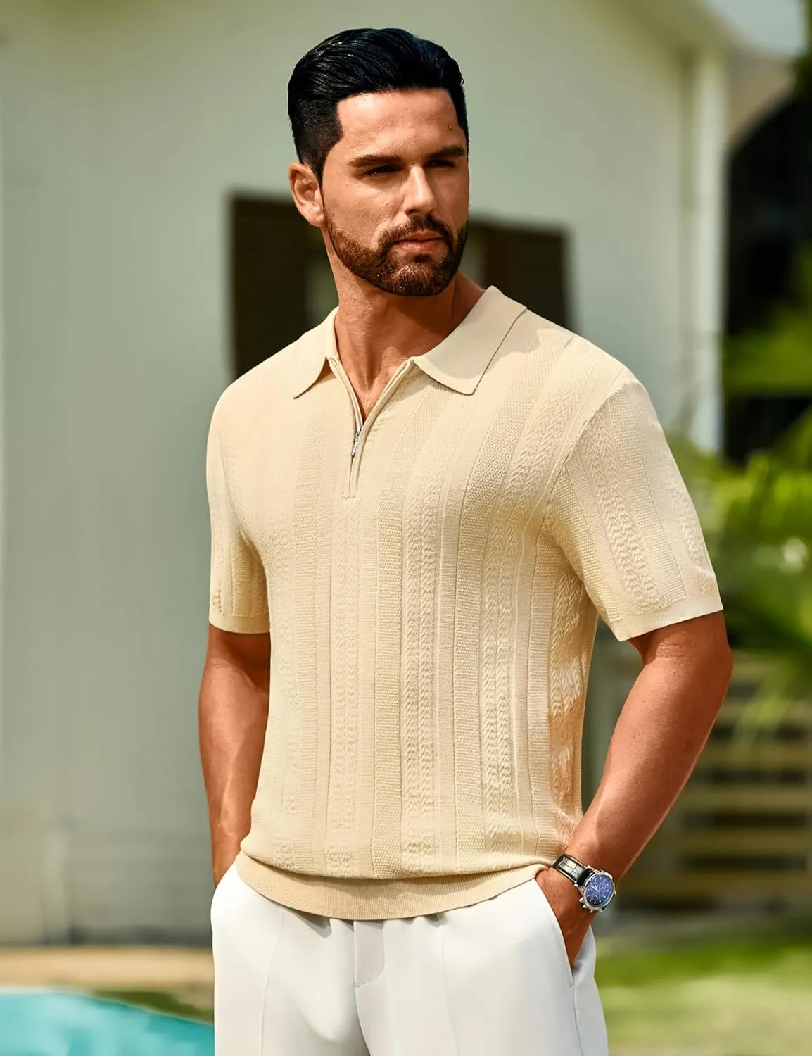 Cotrasen Men's Knit Polo Shirts Short Sleeve Ribbed Textured Polo Lightweight Stretch Slim Fit Golf T Shirt