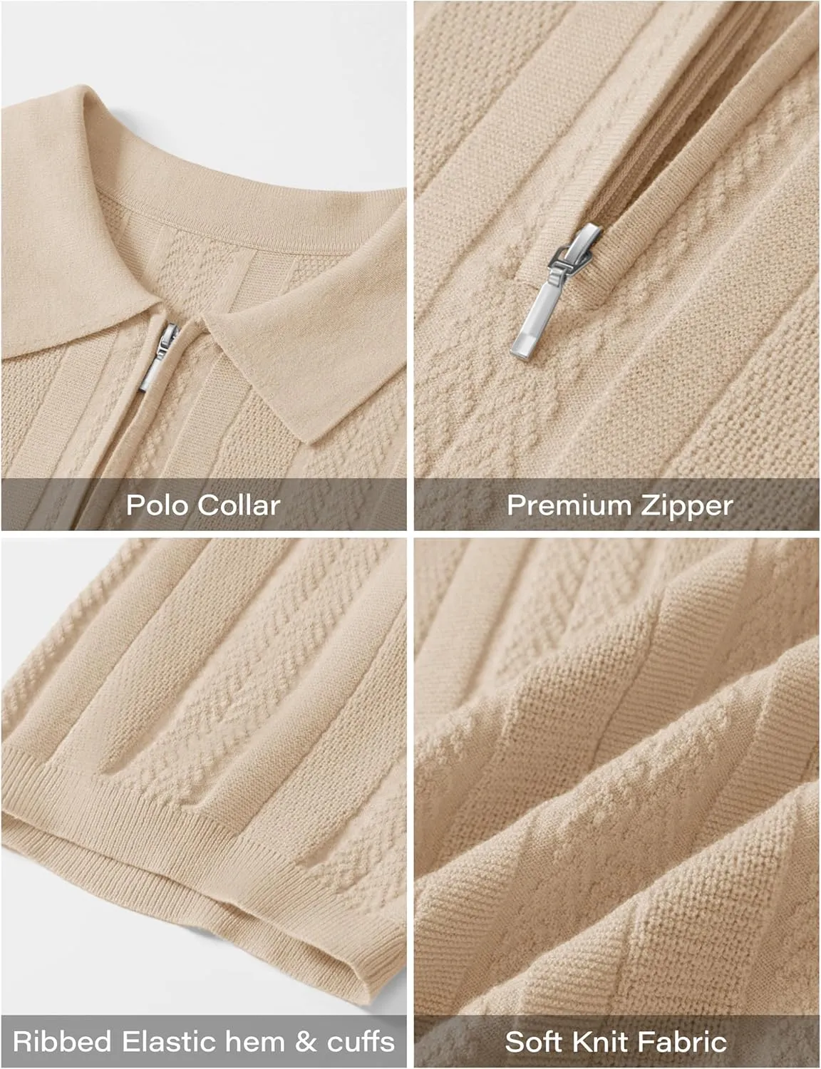 Cotrasen Men's Knit Polo Shirts Short Sleeve Ribbed Textured Polo Lightweight Stretch Slim Fit Golf T Shirt