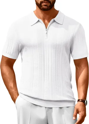 Cotrasen Men's Knit Polo Shirts Short Sleeve Ribbed Textured Polo Lightweight Stretch Slim Fit Golf T Shirt