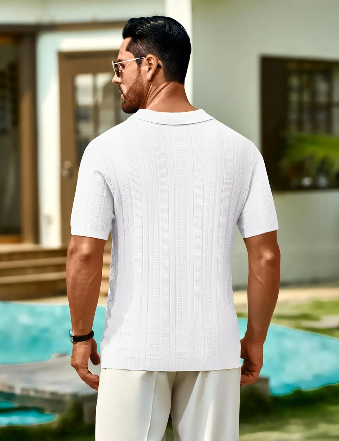 Cotrasen Men's Knit Polo Shirts Short Sleeve Ribbed Textured Polo Lightweight Stretch Slim Fit Golf T Shirt