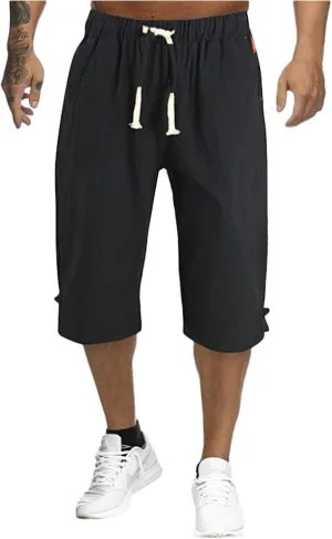 Cotton Linen Cropped Pants for Men Elastic Waist Lightweight Loose 3/4 Harem Capri Pants Casual Beach Yoga Trousers