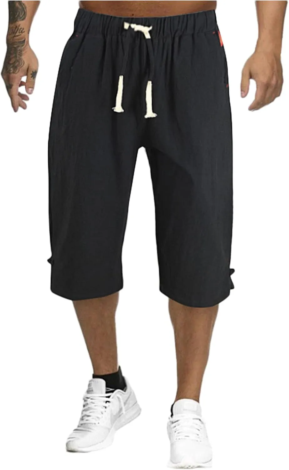 Cotton Linen Cropped Pants for Men Elastic Waist Lightweight Loose 3/4 Harem Capri Pants Casual Beach Yoga Trousers