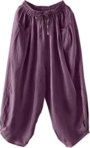 Cotton Linen Pants for Women Casual Stretchy Waisted Baggy Pants Summer Outdoor Vacation Harem Pants with Pockets
