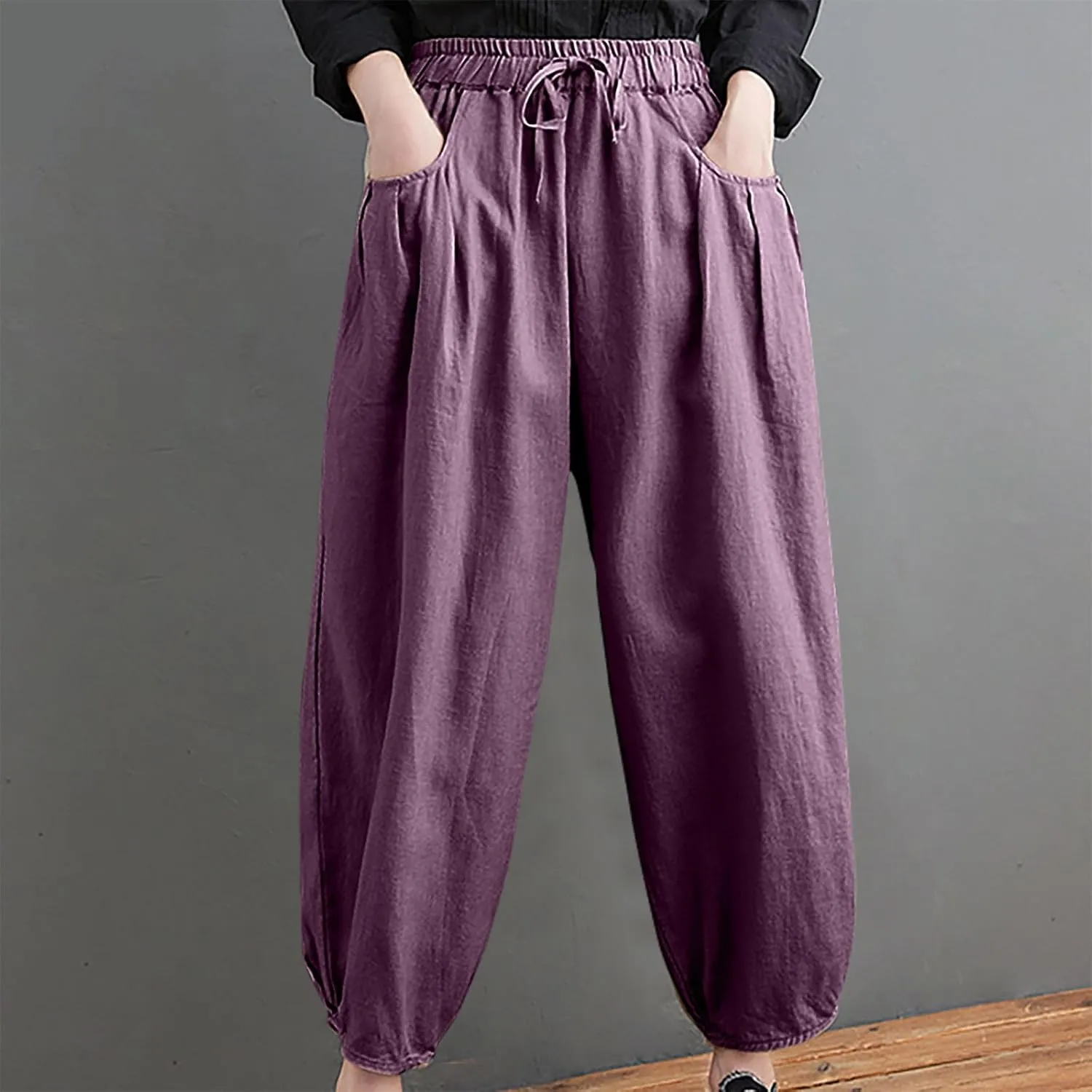 Cotton Linen Pants for Women Casual Stretchy Waisted Baggy Pants Summer Outdoor Vacation Harem Pants with Pockets