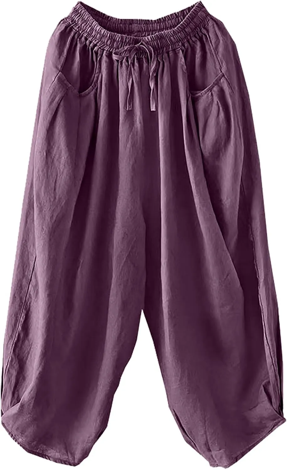 Cotton Linen Pants for Women Casual Stretchy Waisted Baggy Pants Summer Outdoor Vacation Harem Pants with Pockets