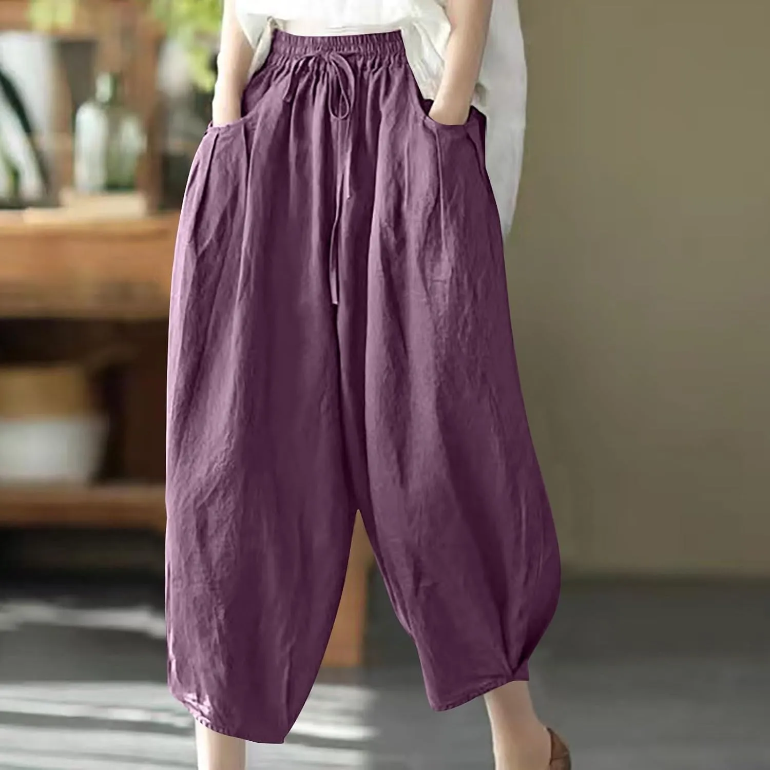 Cotton Linen Pants for Women Casual Stretchy Waisted Baggy Pants Summer Outdoor Vacation Harem Pants with Pockets