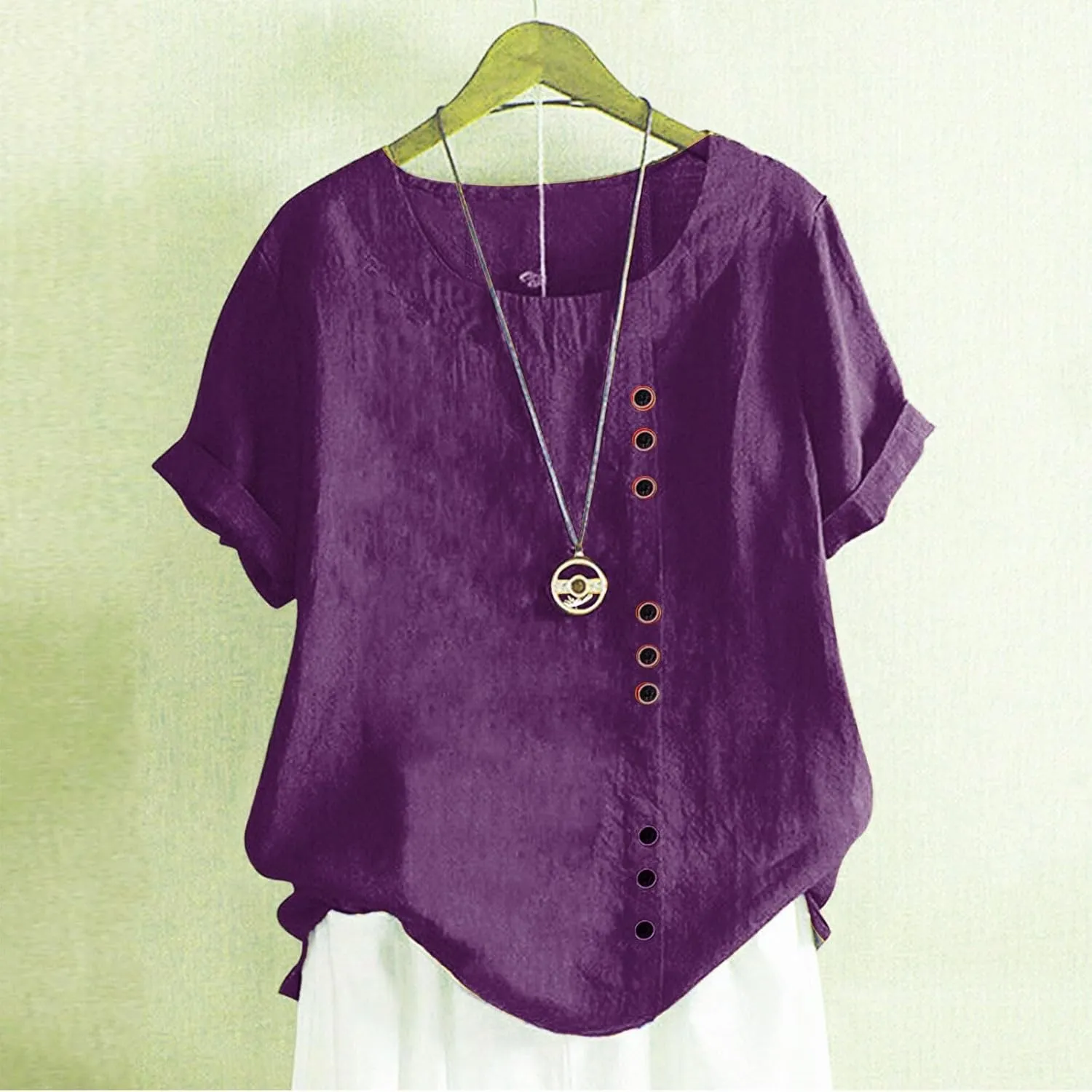 Cotton Linen Tops for Women Loose Fit Casual Roll Up Short Sleeve T-Shirt Cute Floral Print Boho Blouse 2025 Summer