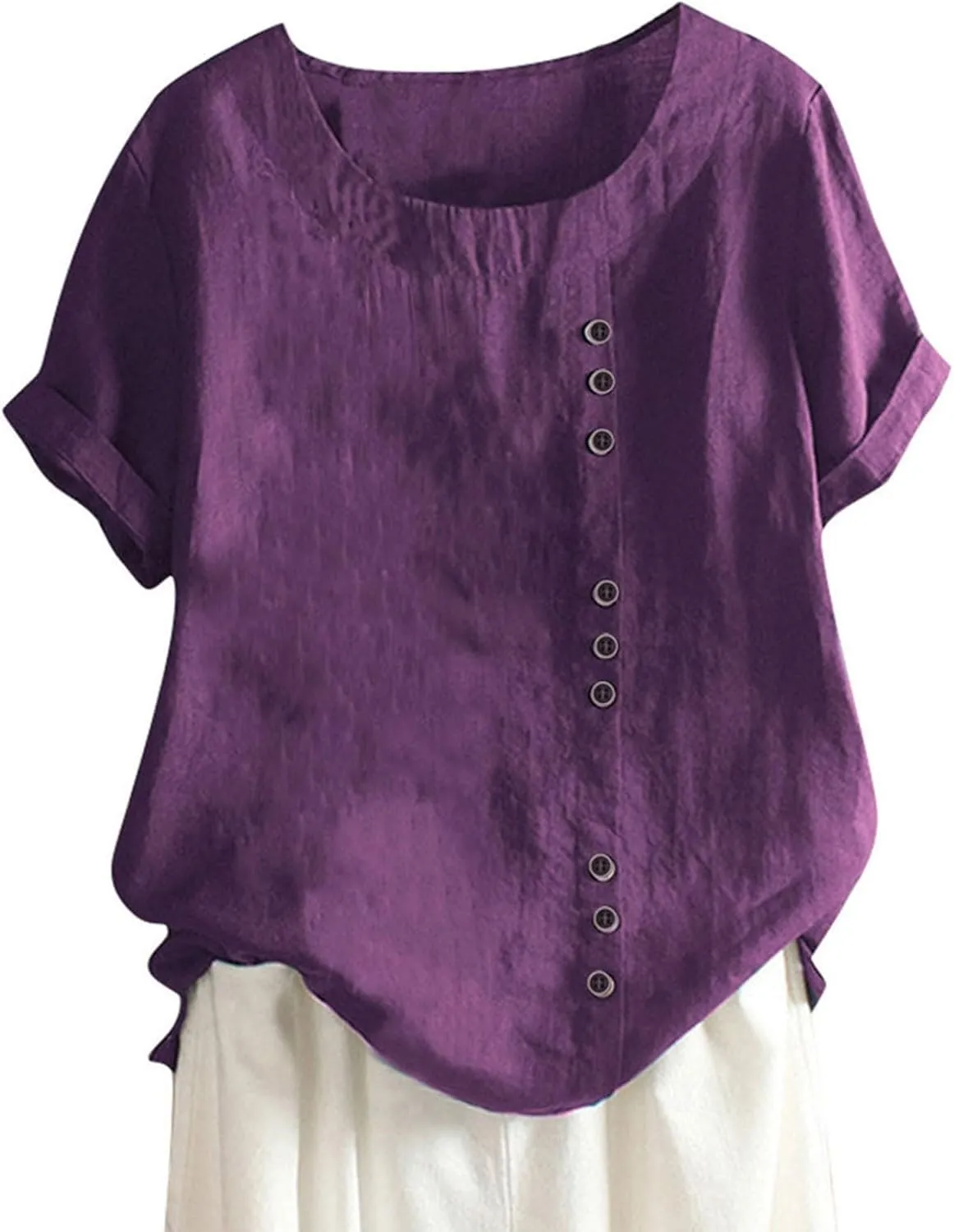 Cotton Linen Tops for Women Loose Fit Casual Roll Up Short Sleeve T-Shirt Cute Floral Print Boho Blouse 2025 Summer