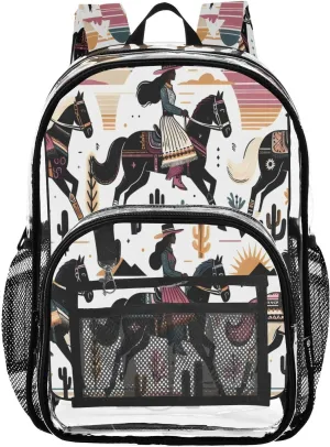 Cowgirls Clear Backpack with Back Print, Heavy Duty See Through Backpacks PVC Transparent Daypack for Travel Security