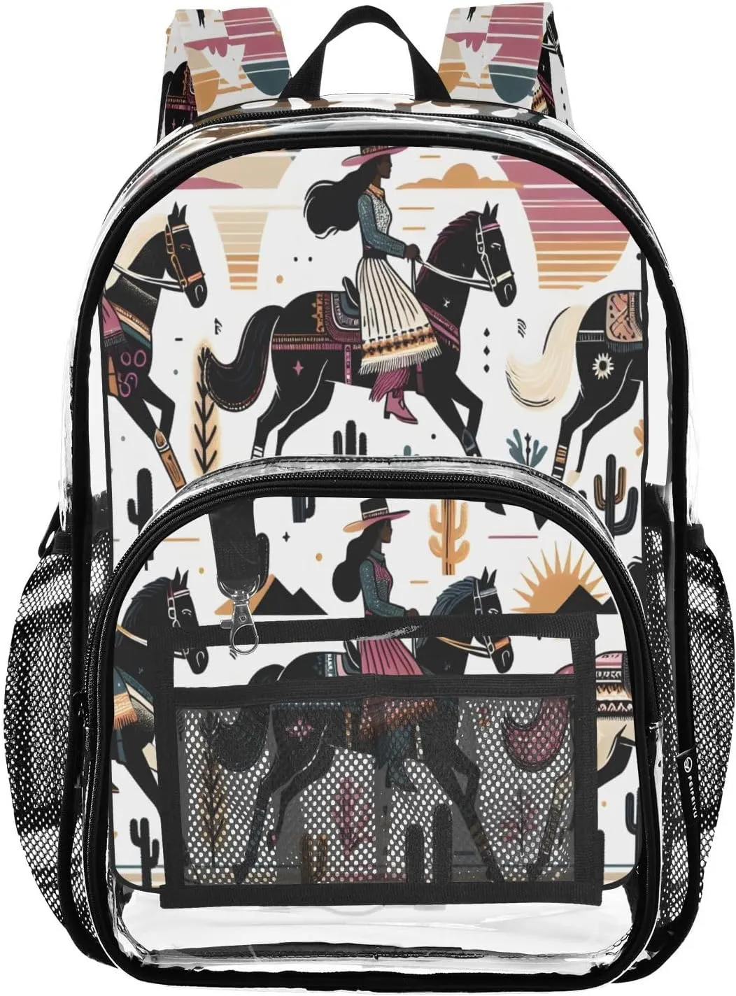 Cowgirls Clear Backpack with Back Print, Heavy Duty See Through Backpacks PVC Transparent Daypack for Travel Security