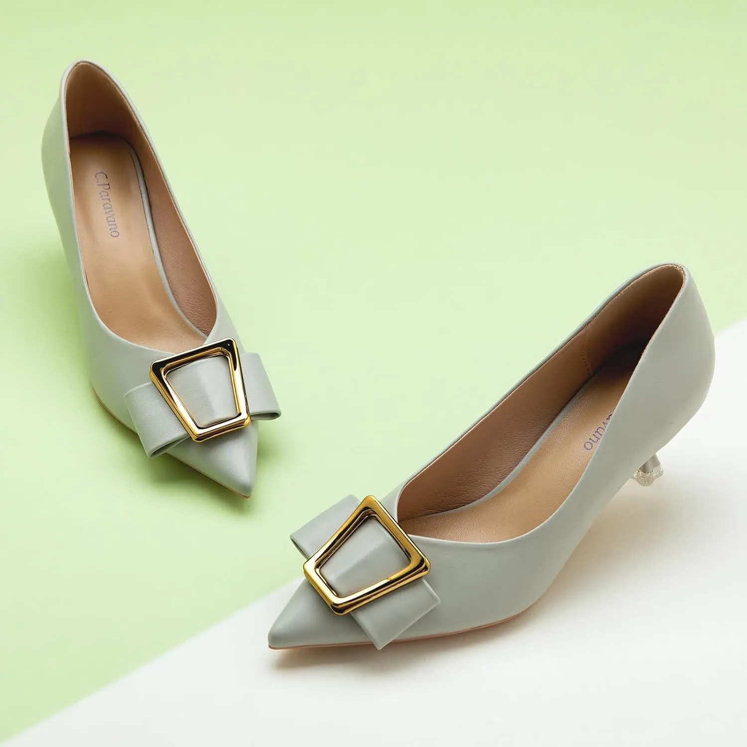 C.Paravano Women's Kitten Heel Pumps-Pointed Toe Wedding Shoes with Metal Buckle|Breathable Soft Leather for Office Attire, Cocktail Parties,Date Nights, Spring/Summer Events