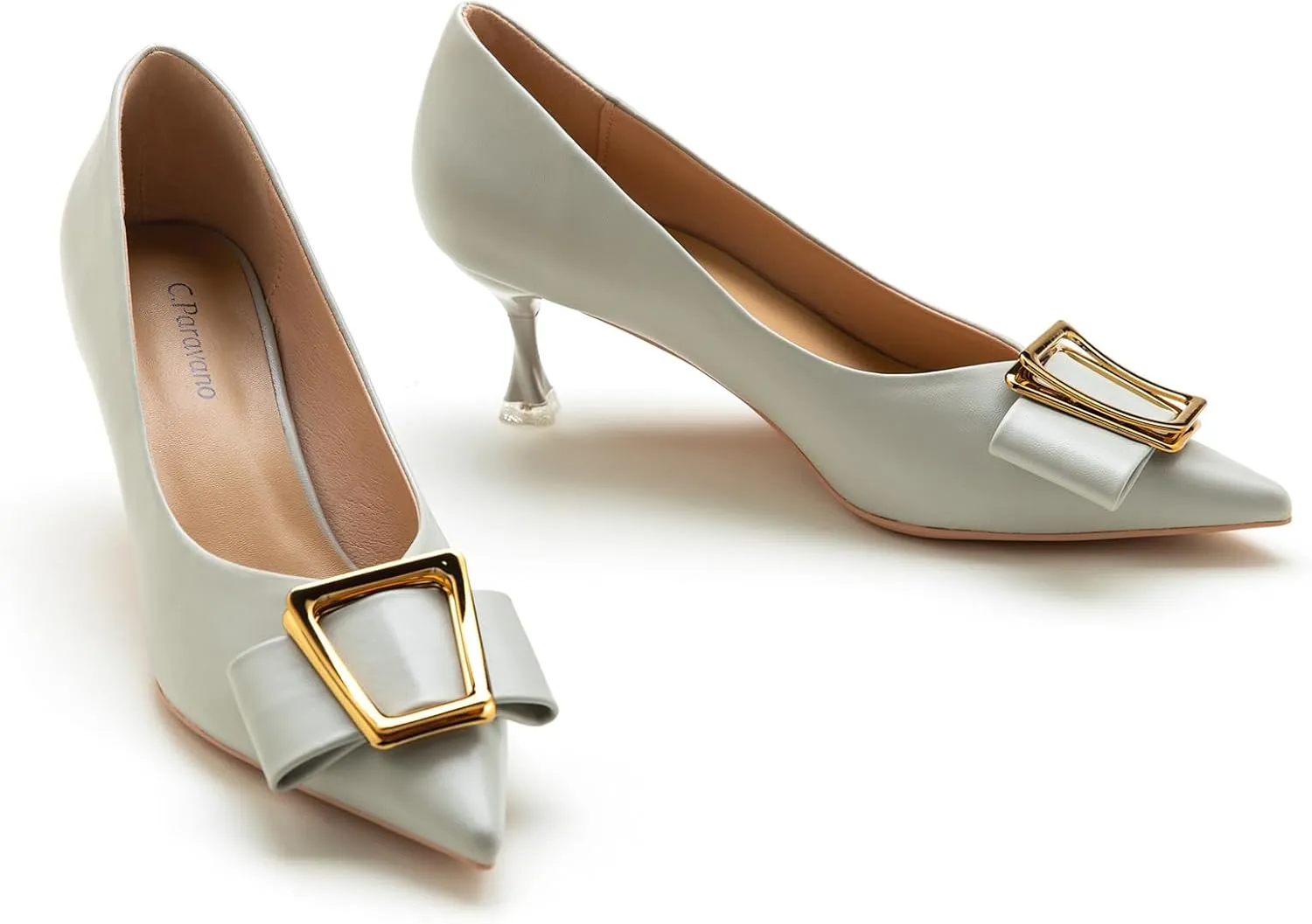 C.Paravano Women's Kitten Heel Pumps-Pointed Toe Wedding Shoes with Metal Buckle|Breathable Soft Leather for Office Attire, Cocktail Parties,Date Nights, Spring/Summer Events